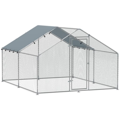 RECINTO PER GALLINE DA 10.2M PER 10-15 GALLINE CON TETTO IMPERMEABILE IN ACCIAIO E TESSUTO 3X3.4X1.9 M ARGENTO