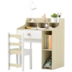 SET SCRIVANIA PER BAMBINI E SEDIA IN LEGNO CON SCAFFALE E CASSETTO ETÀ 3-10 ANNI BIANCO E LEGNO