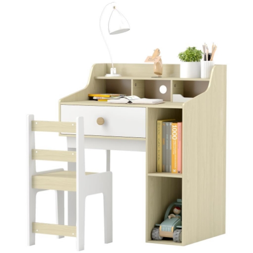 SET SCRIVANIA PER BAMBINI E SEDIA IN LEGNO CON SCAFFALE E CASSETTO ETÀ 3-10 ANNI BIANCO E LEGNO
