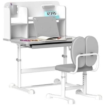SET SCRIVANIA E SEDIA PER BAMBINI REGOLABILI BANCO SCUOLA CON PIANO INCLINABILE, CASSETTO SCAFFALE GRIGIO