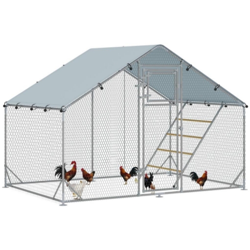 RECINTO PER GALLINE DA 6M¦ PER 6-8 ANIMALI CON TETTO IMPERMEABILE MANGIATOIA E POSATOIO 3X2X1.9M ARGENTO