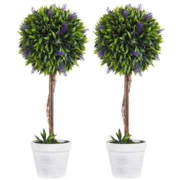 SET 2 PIANTE ARTIFICIALI VERDI A SFERA CON FIORI DI LAVANDA E VASO CON MUSCHIO E CEMENTO Ø 24X60 CM