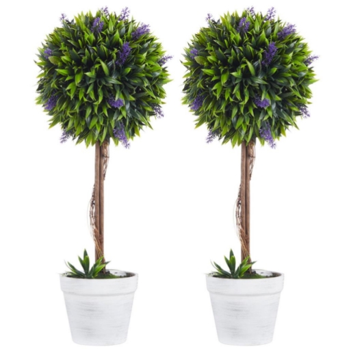 SET 2 PIANTE ARTIFICIALI VERDI A SFERA CON FIORI DI LAVANDA E VASO CON MUSCHIO E CEMENTO Ø 24X60 CM