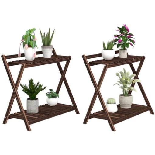 SET 2 PORTAPIANTE A 2 LIVELLI CON DESIGN A DOGHE IN LEGNO DI ABETE 73X36X64 CM MARRONE BRUCIATO