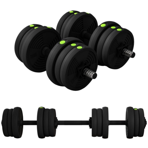 SET 2 IN 1 CON 2 MANUBRI CONVERTIBILI IN BILANCIERE PESO TOTALE 20 KG E DISCHI PESI REGOLABILI NERO
