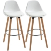 SET 2 SGABELLI DA BAR STILE NORDICO CON SCHIENALE CUSCINO E POGGIAPIEDI LEGNO E PLASTICA BIANCO