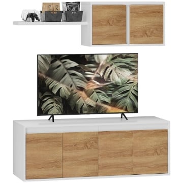 SET MOBILE TV E ARMADIETTO A MURO CON 7 RIPIANI E SCAFFALE APERTO IN LEGNO 120X41X43.3 CM BIANCO E COLOR LEGNO