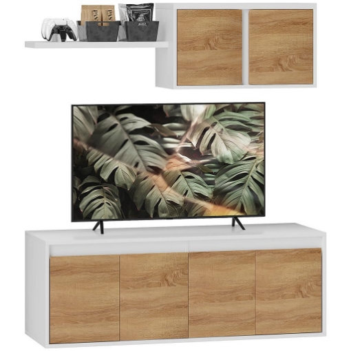 SET MOBILE TV E ARMADIETTO A MURO CON 7 RIPIANI E SCAFFALE APERTO IN LEGNO 120X41X43.3 CM BIANCO E COLOR LEGNO