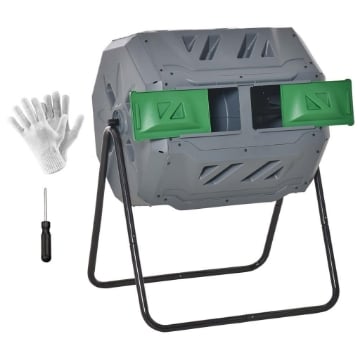 COMPOSTIERA DA GIARDINO GIREVOLE A 2 SEZIONI CON 8 PRESE D'ARIA IN ACCIAIO E PP 71X65X96 CM GRIGIO