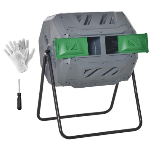 COMPOSTIERA DA GIARDINO GIREVOLE A 2 SEZIONI CON 8 PRESE D'ARIA IN ACCIAIO E PP 71X65X96 CM GRIGIO