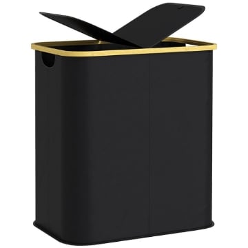 CESTO PORTABIANCHERIA DA 80L A 2 SEZIONI CON COPERCHIO IN TESSUTO NON TESSUTO E BAMBÙ 54X34X58.5 CM NERO