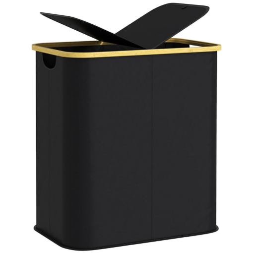 CESTO PORTABIANCHERIA DA 80L A 2 SEZIONI CON COPERCHIO IN TESSUTO NON TESSUTO E BAMBÙ 54X34X58.5 CM NERO