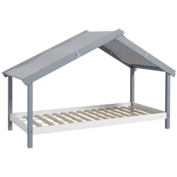 LETTO A CASETTA IN LEGNO DI PINO A 15 DOGHE CON TETTO STELLATO IN TESSUTO 213X100X140 CM GRIGIO