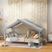 LETTO A CASETTA IN LEGNO DI PINO A 15 DOGHE CON TETTO STELLATO IN TESSUTO 213X100X140 CM GRIGIO