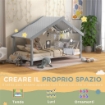 LETTO A CASETTA IN LEGNO DI PINO A 15 DOGHE CON TETTO STELLATO IN TESSUTO 213X100X140 CM GRIGIO