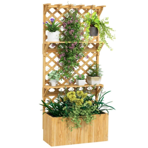 FIORIERA CON TRALICCIO PER RAMPICANTI FORI DI DRENAGGIO E 2 MENSOLE IN LEGNO DI ABETE 76X33X177 CM