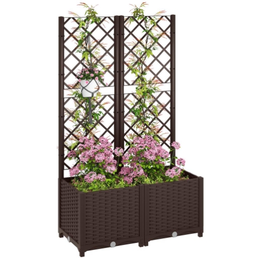 FIORIERA RIALZATA CON TRALICCIO PER RAMPICANTI E 8 FORI DI DRENAGGIO IN PP 80X40X135 CM MARRONE