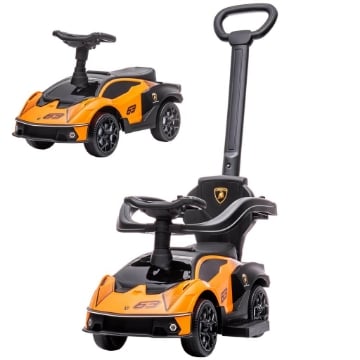 MACCHININA PER BAMBINI 2 IN 1 CON MANIGLIONE E BARRIERA DI SICUREZZA 86.5X40X89.5 CM ARANCIONE E NERO