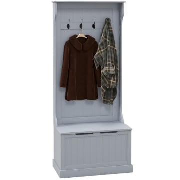 MOBILE APPENDIABITI 3 IN 1 CON 4 GANCI E PANCA CONTENITORE IN LEGNO 71.5X39.5X170 CM GRIGIO