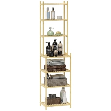 MOBILE SCAFFALE BAGNO A 7 RIPIANI PORTAOGGETTI IN BAMBÙ 44X33X180 CM COLOR LEGNO