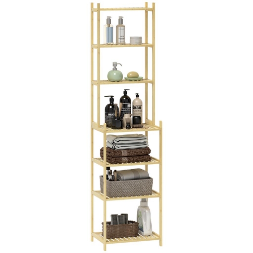 MOBILE SCAFFALE BAGNO A 7 RIPIANI PORTAOGGETTI IN BAMBÙ 44X33X180 CM COLOR LEGNO