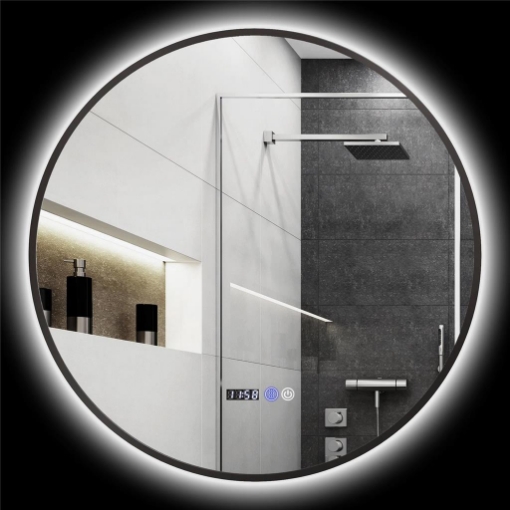 SPECCHIO BAGNO CON LUCE LED REGOLABILE ANTIAPPANNAMENTO E DISPLAY TEMPO E TEMPERATURA Ø 70 CM NERO