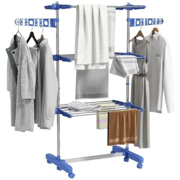 STENDINO VERTICALE CON 3 RIPIANI REGOLABILI IN ACCIAIO E PLASTICA 142X55X152 CM BLU E ARGENTO