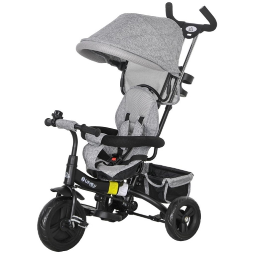 TRICICLO PER BAMBINI CON MANIGLIONE 6 IN 1 TETTUCCIO REGOLABILE E CINTURA DI SICUREZZA ETÀ 1-5 ANNI GRIGIO