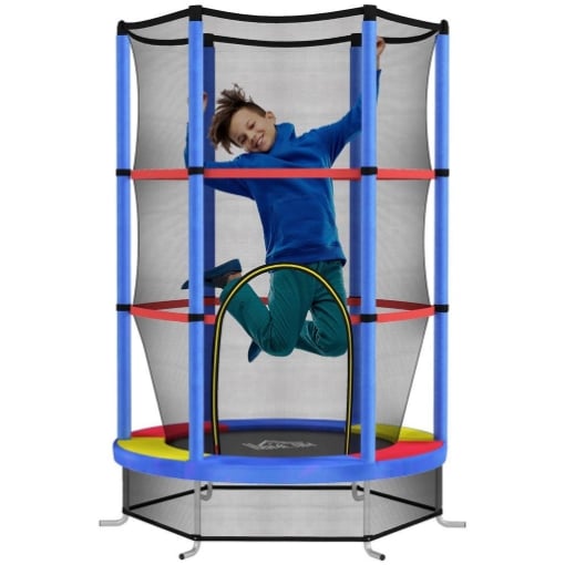 TAPPETO ELASTICO PER BAMBINI 3-6 ANNI CON RETE DI PROTEZIONE 6 COLONNE E 3 INGRESSI Ø 140X190 CM MULTICOLORE