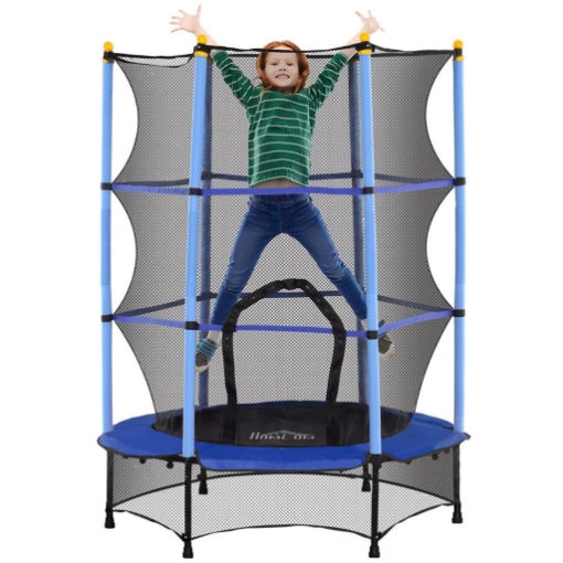 TAPPETO ELASTICO PER BAMBINI CON RETE DI SICUREZZA E PALI IMBOTTITI ETÀ 3-10 ANNI Ø 140 X 190 CM BLU