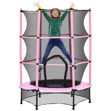 TAPPETO ELASTICO PER BAMBINI CON RETE DI SICUREZZA E PALI IMBOTTITI ETÀ 3-10 ANNI Ø 140 X 190 CM ROSA