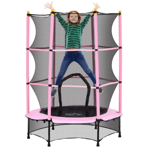 TAPPETO ELASTICO PER BAMBINI CON RETE DI SICUREZZA E PALI IMBOTTITI ETÀ 3-10 ANNI Ø 140 X 190 CM ROSA