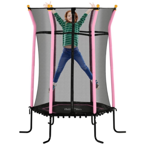 TAPPETO ELASTICO PER BAMBINI CON INGRESSO A CERNIERA E PALI IMBOTTITI IN ACCIAIO PP E EPE Ø 163.5X190 CM ROSA