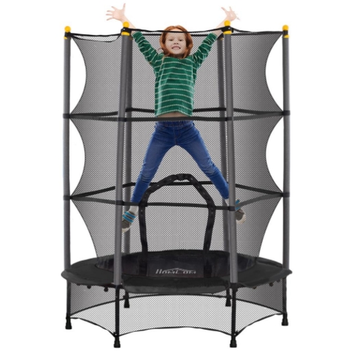 TAPPETO ELASTICO PER BAMBINI CON RETE DI SICUREZZA E PALI IMBOTTITI ETÀ 3-10 ANNI 140 X 190 CM NERO