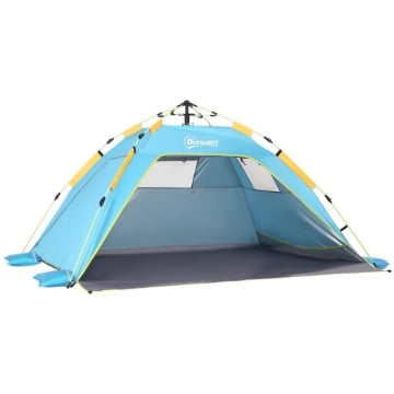 TENDA DA SPIAGGIA POP UP CON PORTA A CERNIERA IN POLIESTERE E FIBRA DI VETRO 220X173X120 CM BLU CHIARO E GIALLO