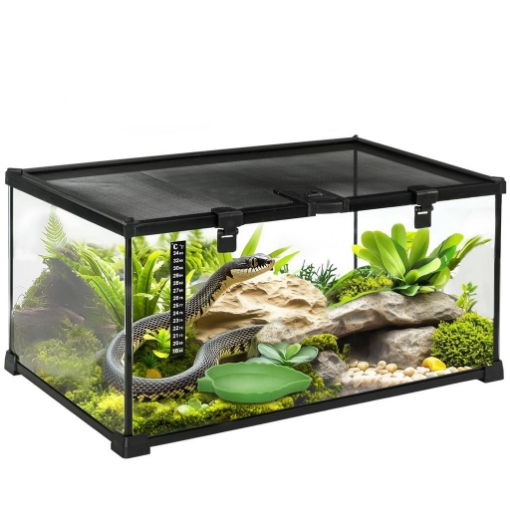 TERRARIO PER RETTILI RIALZATO CON SERRATURA E TERMOMETRO IN VETRO E RETE METALLICA 50X30X25 CM NERO