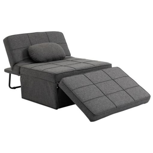 POLTRONA LETTO 3 IN 1 CON SCHIENALE REGOLABILE E CUSCINO IN TESSUTO EFFETTO LINO 95X179X78 CM GRIGIO