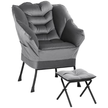 POLTRONA MODERNA CON POGGIAPIEDI E 2 TASCHE LATERALI IN TESSUTO EFFETTO VELLUTO E ACCIAIO 80X78X100 CM GRIGIO