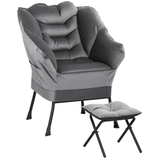 POLTRONA MODERNA CON POGGIAPIEDI E 2 TASCHE LATERALI IN TESSUTO EFFETTO VELLUTO E ACCIAIO 80X78X100 CM GRIGIO
