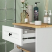 MOBILETTO BAGNO IN LEGNO CON CESTO PORTABIANCHERIA IN TESSUTO RIBALTABILE E CASSETTO BIANCO