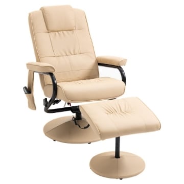 POLTRONA RELAX CON POUF POGGIAPIEDI RECLINABILE A 145° CON 10 PUNTI MASSAGGIO E TELECOMANDO IN FINTA PELLE CREMA