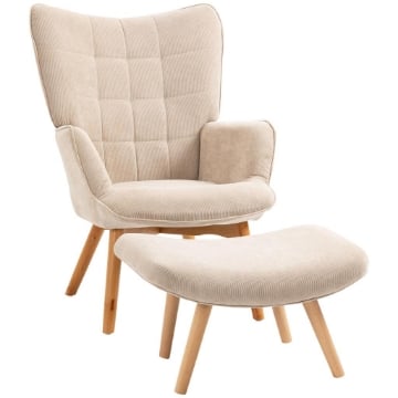 POLTRONA RELAX CON POUF POGGIAPIEDI IN VELLUTO A COSTINE CON SCHIENALE ALTO E BRACCIOLI BEIGE