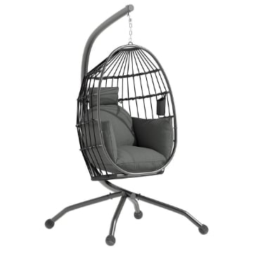POLTRONA SOSPESA A UOVO CON GANCIO REGOLABILE 2 CUSCINI E CESTO IN ACCIAIO 120X88X192 CM NERO E GRIGIO