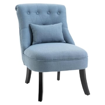 POLTRONA PER SALOTTO IMBOTTITA CON CUSCINO IN TESSUTO EFFETTO LINO E LEGNO 52.5X69X77 CM BLU