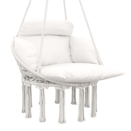 POLTRONA SOSPESA IN STILE BOHO CON CUSCINO IN ACCIAIO COTONE E POLIESTERE 80X60X40 CM BIANCO CREMA