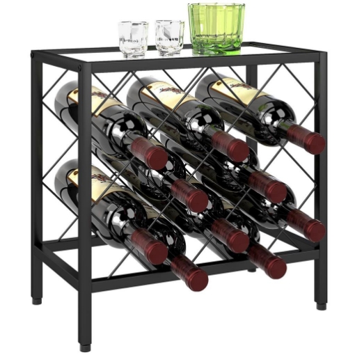PORTABOTTIGLIE VINI PER 10 BOTTIGLIE IN ACCIAIO NERO CON PIANO D'APPOGGIO IN VETRO TEMPERATO 41X22X41 CM