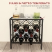 PORTABOTTIGLIE VINI PER 10 BOTTIGLIE IN ACCIAIO NERO CON PIANO D'APPOGGIO IN VETRO TEMPERATO 41X22X41 CM
