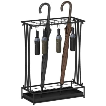 PORTAOMBRELLI CON VASCHETTA PER L'ACQUA 21 FORI E 24 GANCI PER OMBRELLO IN ACCIAIO 50X24X68 CM NERO