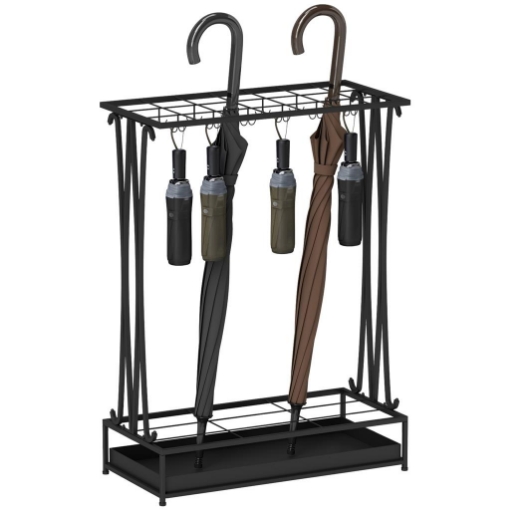PORTAOMBRELLI CON VASCHETTA PER L'ACQUA 21 FORI E 24 GANCI PER OMBRELLO IN ACCIAIO 50X24X68 CM NERO
