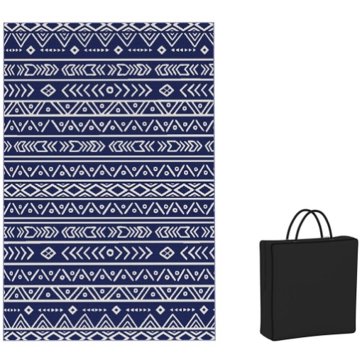 TAPPETO DA ESTERNO REVERSIBILE STILE GEOMETRICO CON BORSA DI TRASPORTO 182X274 CM BLU E BIANCO